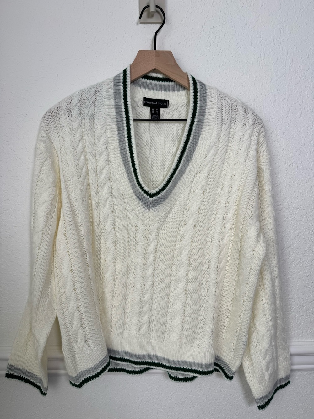 Streetwear Society Ivory Preppy Cable Knit Varsity V-Neck Sweater XL